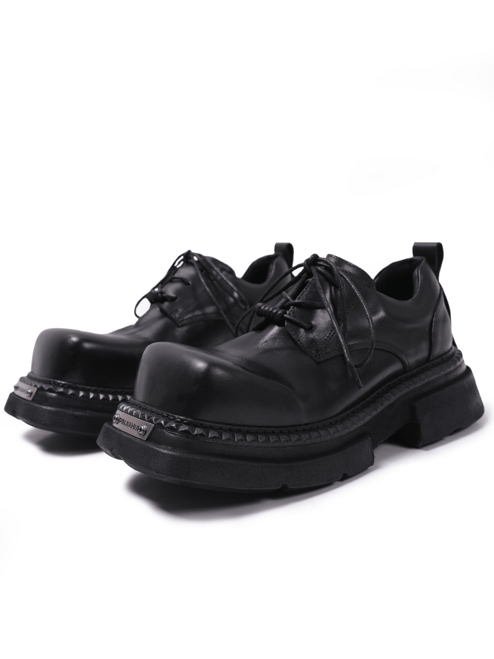 Men's Gothic Punk Black Lace Up Chunky Derby Shoes in black leather-look with chunky lug soles and metallic plaque