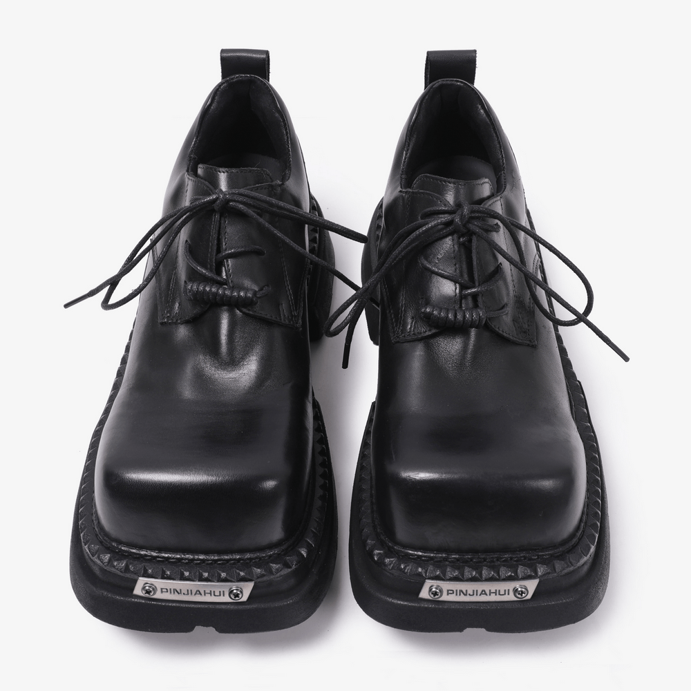 Men's Gothic Punk Black Lace Up Chunky Derby Shoes with chunky lug soles and lace-up leather-look uppers
