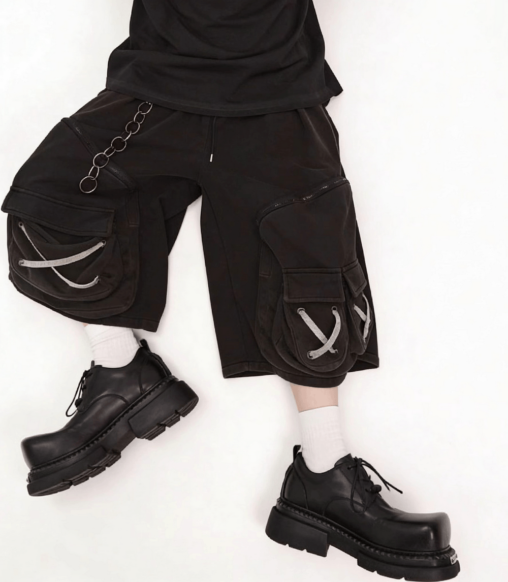 Men's Gothic Punk Black Lace Up Chunky Derby Shoes with black grunge streetwear styling and chunky lug soles