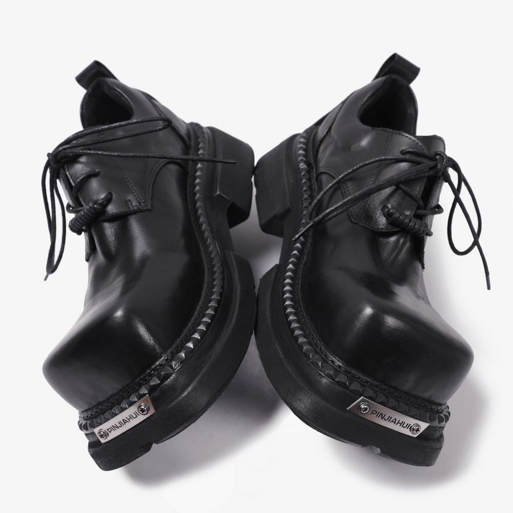 Men's Gothic Punk Black Lace Up Chunky Derby Shoes, black leather-look grunge platform shoes with chunky lug soles