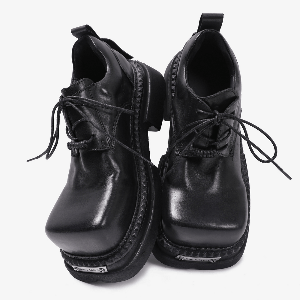 Men's Gothic Punk Black Lace Up Chunky Derby Shoes, black platform grunge derby boots with chunky lug soles