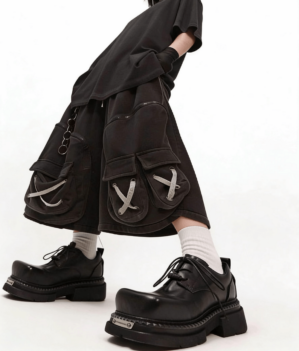 Men's Gothic Punk Black Lace Up Chunky Derby Shoes with platform soles and grunge streetwear vibe