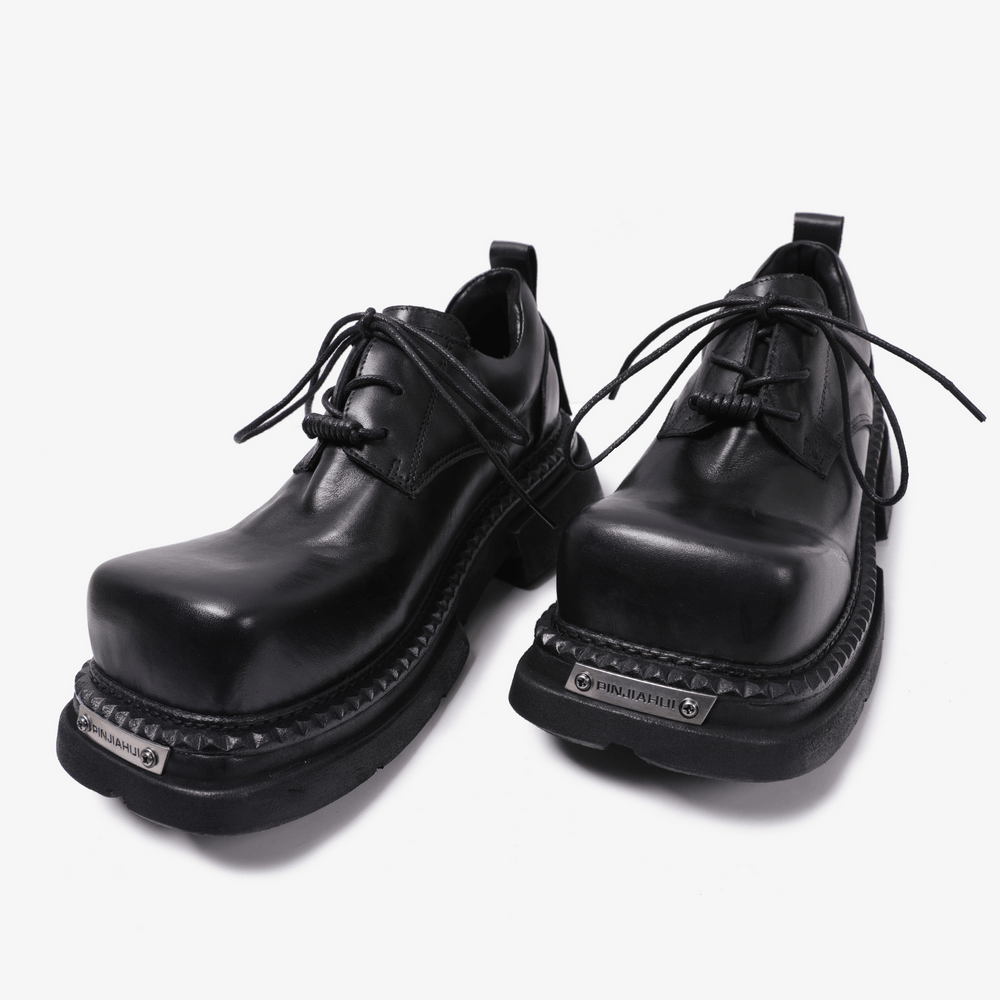 Men's Gothic Punk Black Lace Up Chunky Derby Shoes, black platform goth shoes with chunky lug soles