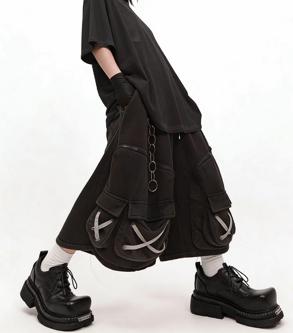 Men's Gothic Punk Black Lace Up Chunky Derby Shoes with chunky lug soles and black grunge streetwear styling