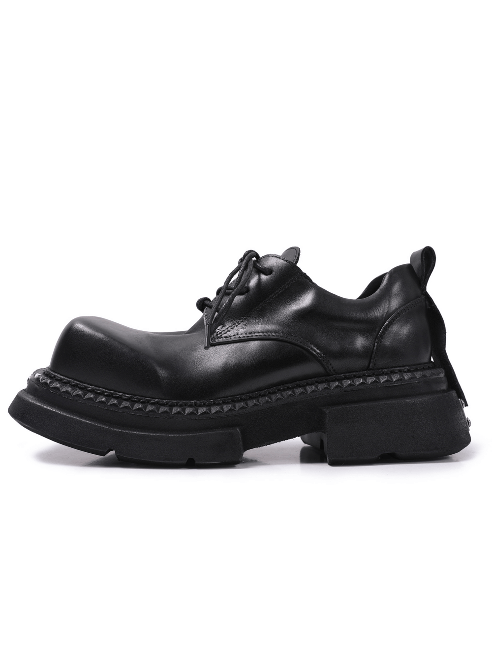 Men's Gothic Punk Black Lace Up Chunky Derby Shoes with black leather-look uppers and chunky lug soles
