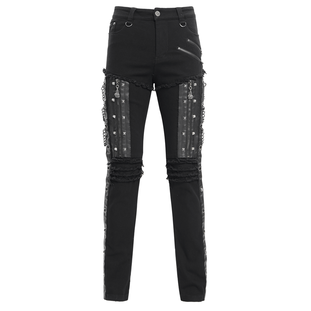 Men's gothic punk slim fit pants with chains, zippers, and distressed details for a bold streetwear style.