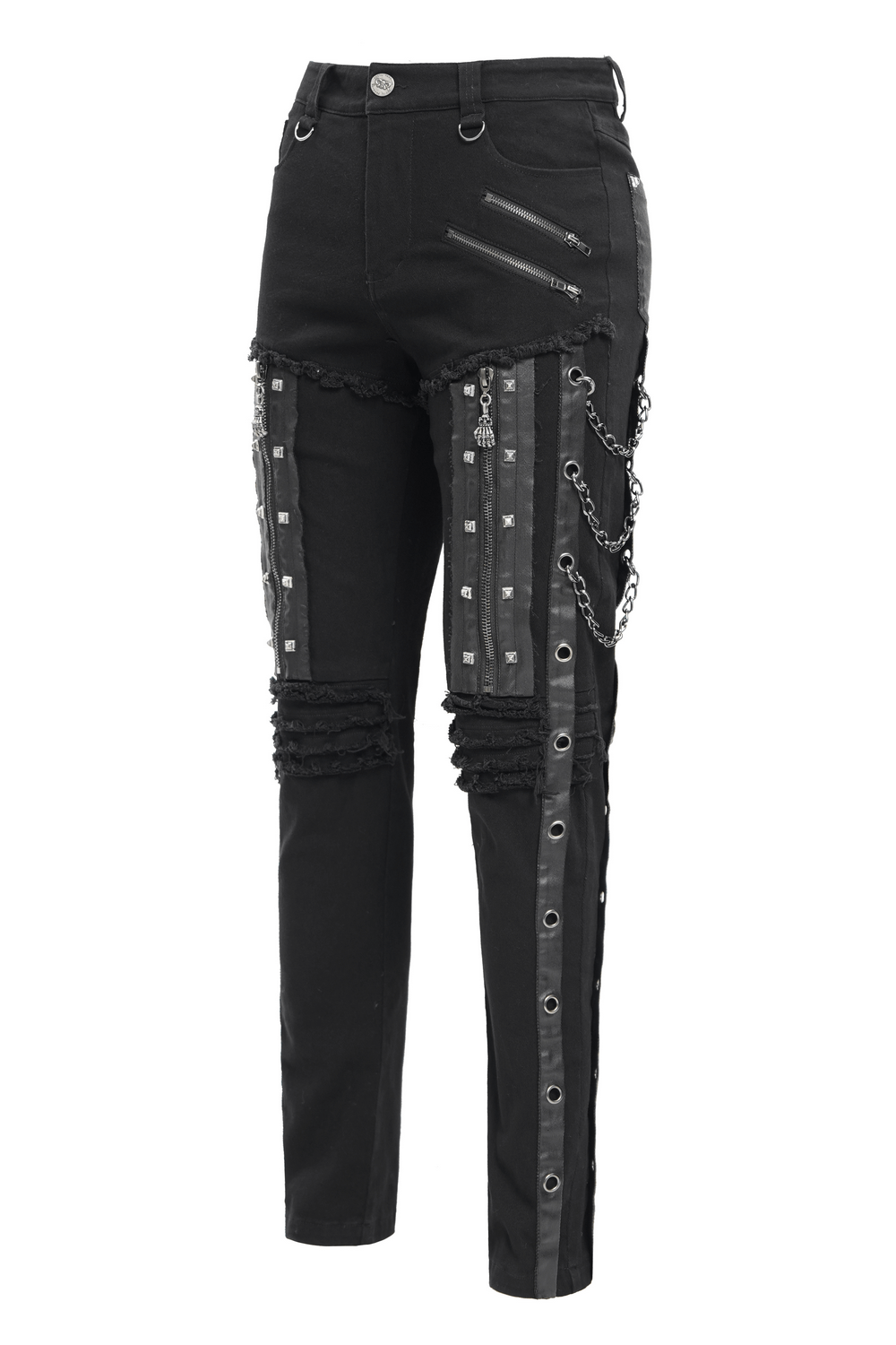 Men's gothic punk slim fit pants with chains, zippers, and distressed details for a bold alternative fashion look.