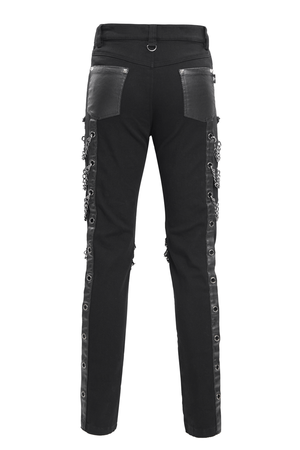 Edgy men's gothic punk slim fit pants with chains, zippers, and leather accents, perfect for a rebellious look.