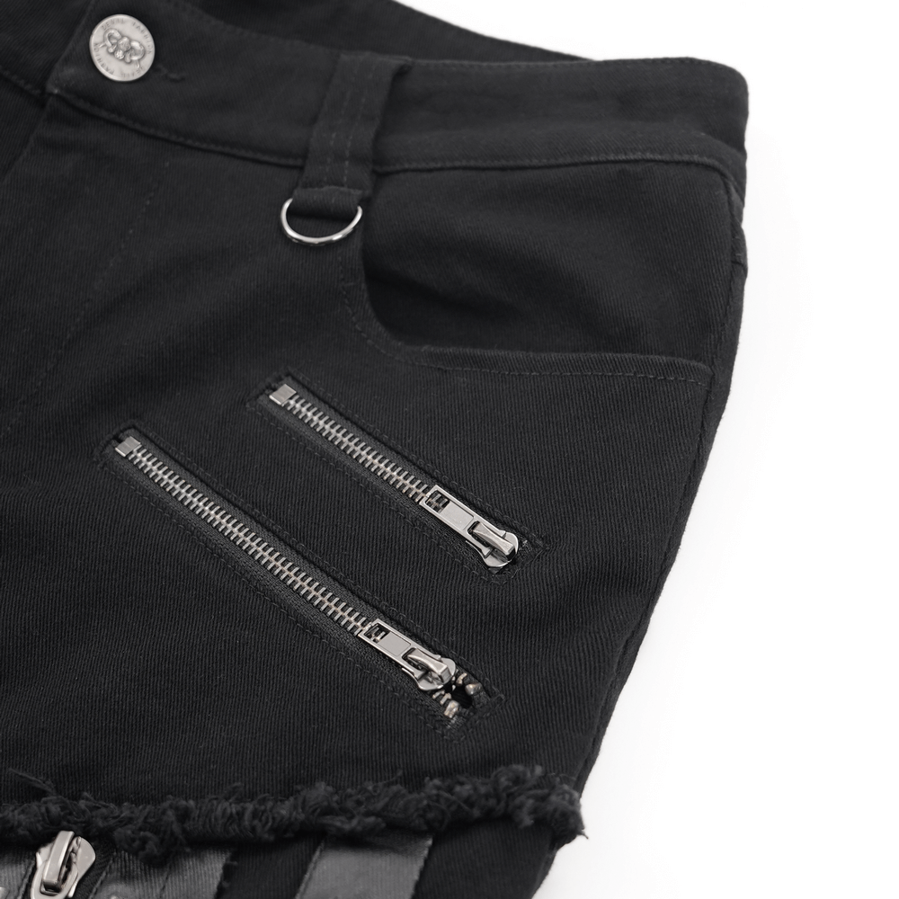 Close-up of men's gothic punk slim fit pants featuring edgy zippers and distressed detailing for a rebellious look.