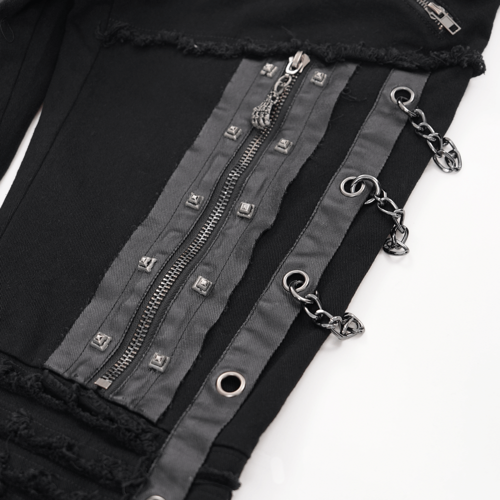 Close-up of men's gothic punk slim fit pants featuring zippers, chains, and distressed fabric details for edgy style.