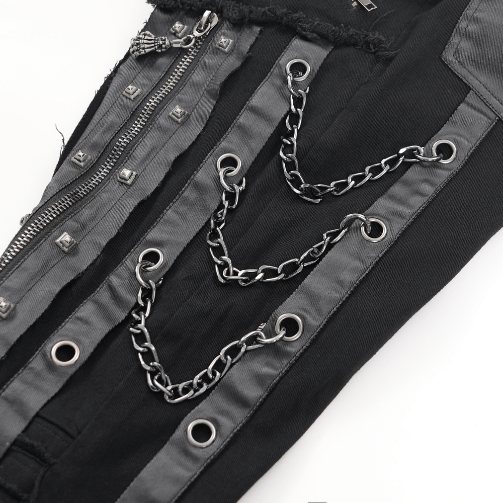 close-up of men's gothic punk slim fit pants featuring chains, zippers, and metal eyelets for an edgy look