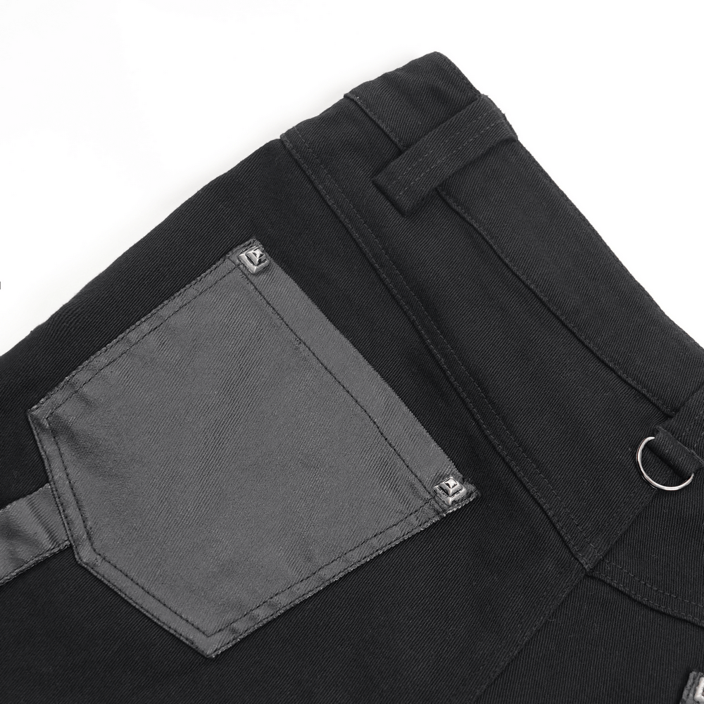 Close-up of men's gothic punk slim-fit pants featuring a black patch pocket and metal accents for edgy style.