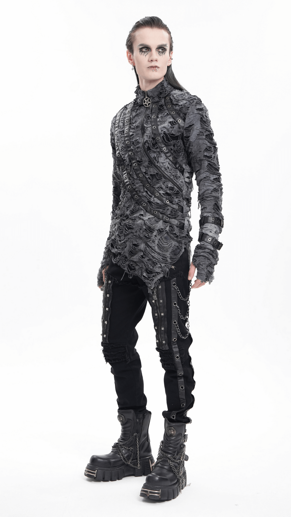 Edgy men's gothic punk outfit featuring a textured top, slim fit pants with chains, and chunky boots for alternative fashion.