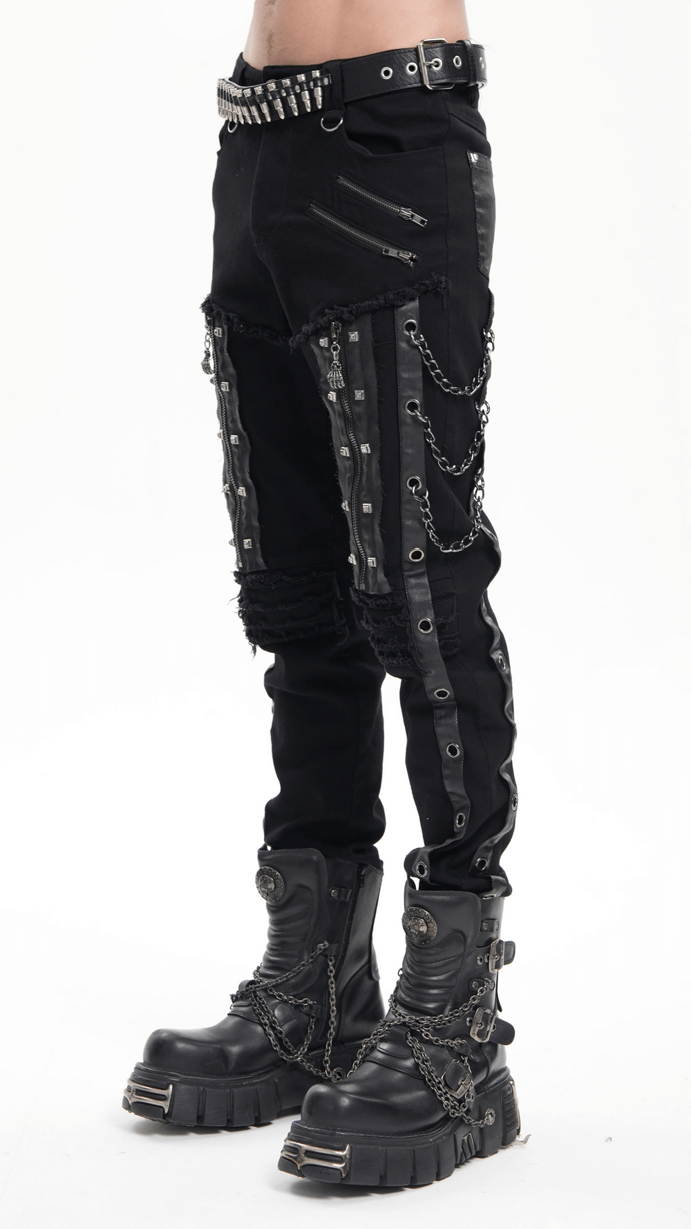 Men's gothic punk slim fit pants with chains, zippers, and leather accents for an edgy alternative fashion look.