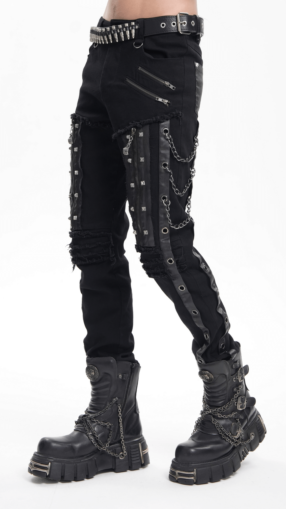 Men's gothic punk slim fit pants with chains, zippers, and distressed details, perfect for edgy streetwear.