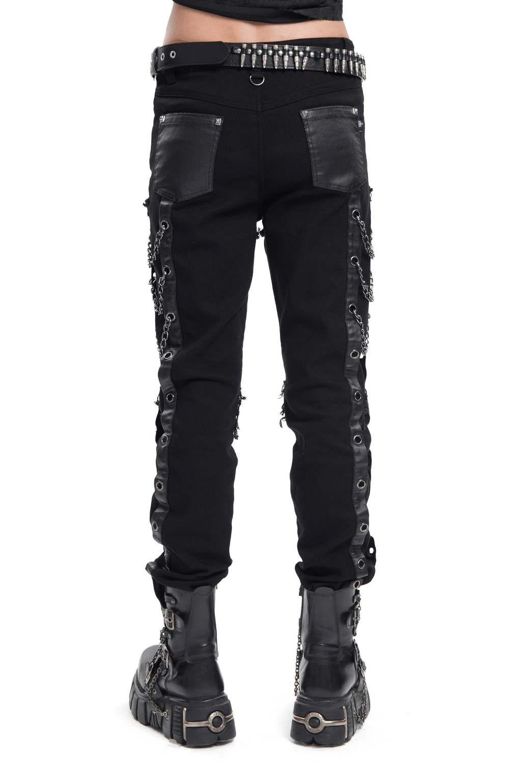 Men's gothic punk slim fit pants with chains, zippers, and leather accents, showcasing a bold alternative fashion style.