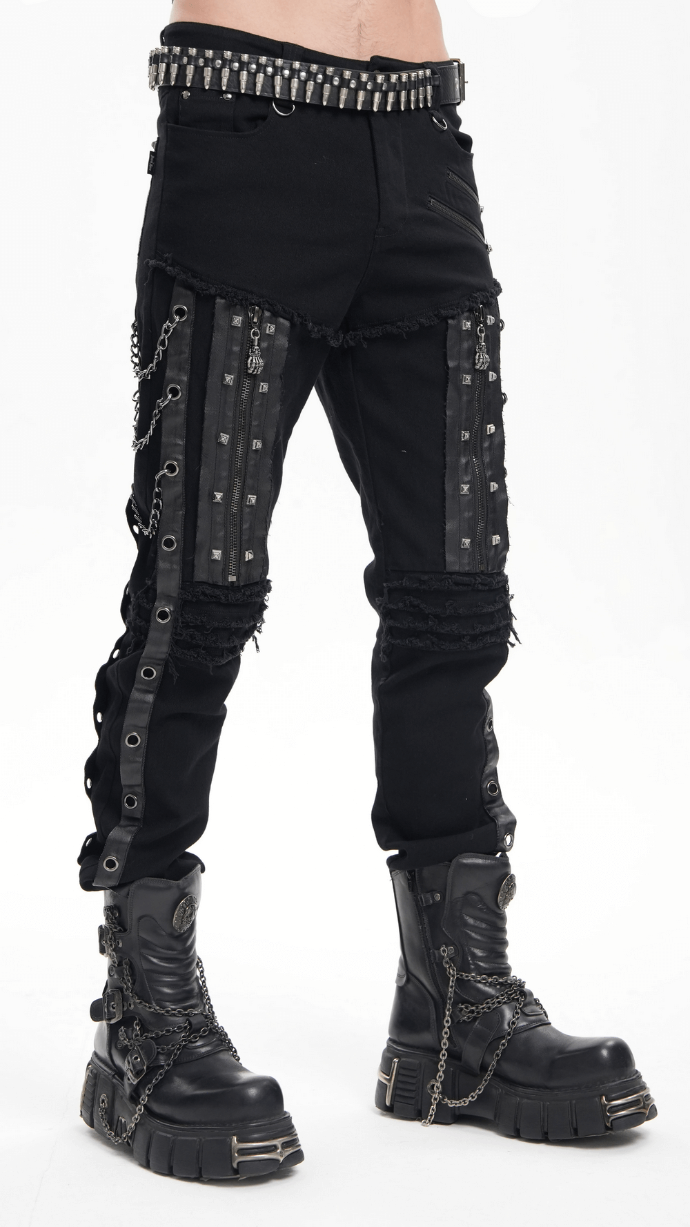 Men's gothic punk slim-fit pants with chains, zippers, and studded details, perfect for edgy, alternative fashion.