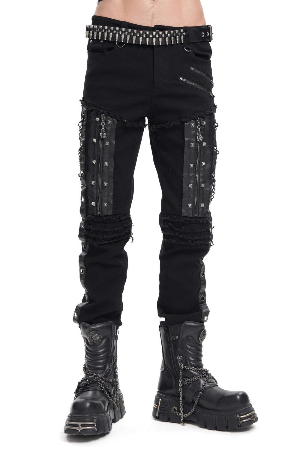 Men's gothic punk slim fit pants with chains, zippers, and distressed details for an edgy, rebellious look.