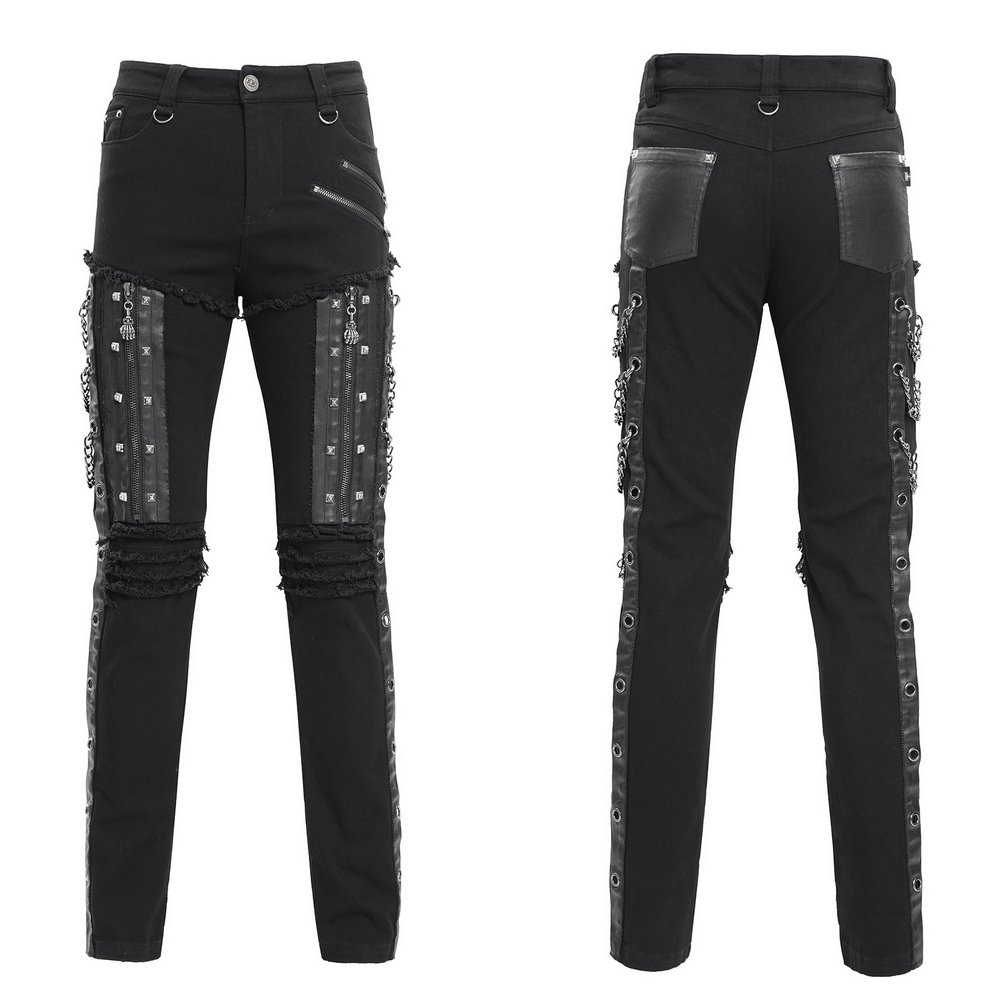 Men's gothic punk slim fit pants featuring edgy zippers, chains, and distressed fabric, perfect for alternative fashion.