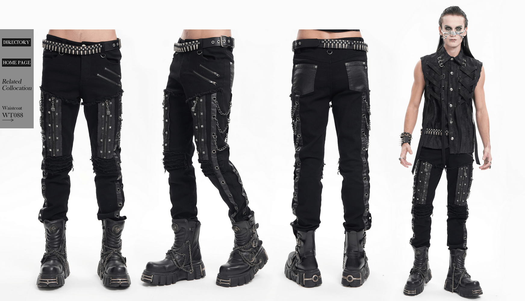 Men's gothic punk slim fit pants with zippers and chains, perfect for an edgy streetwear look.