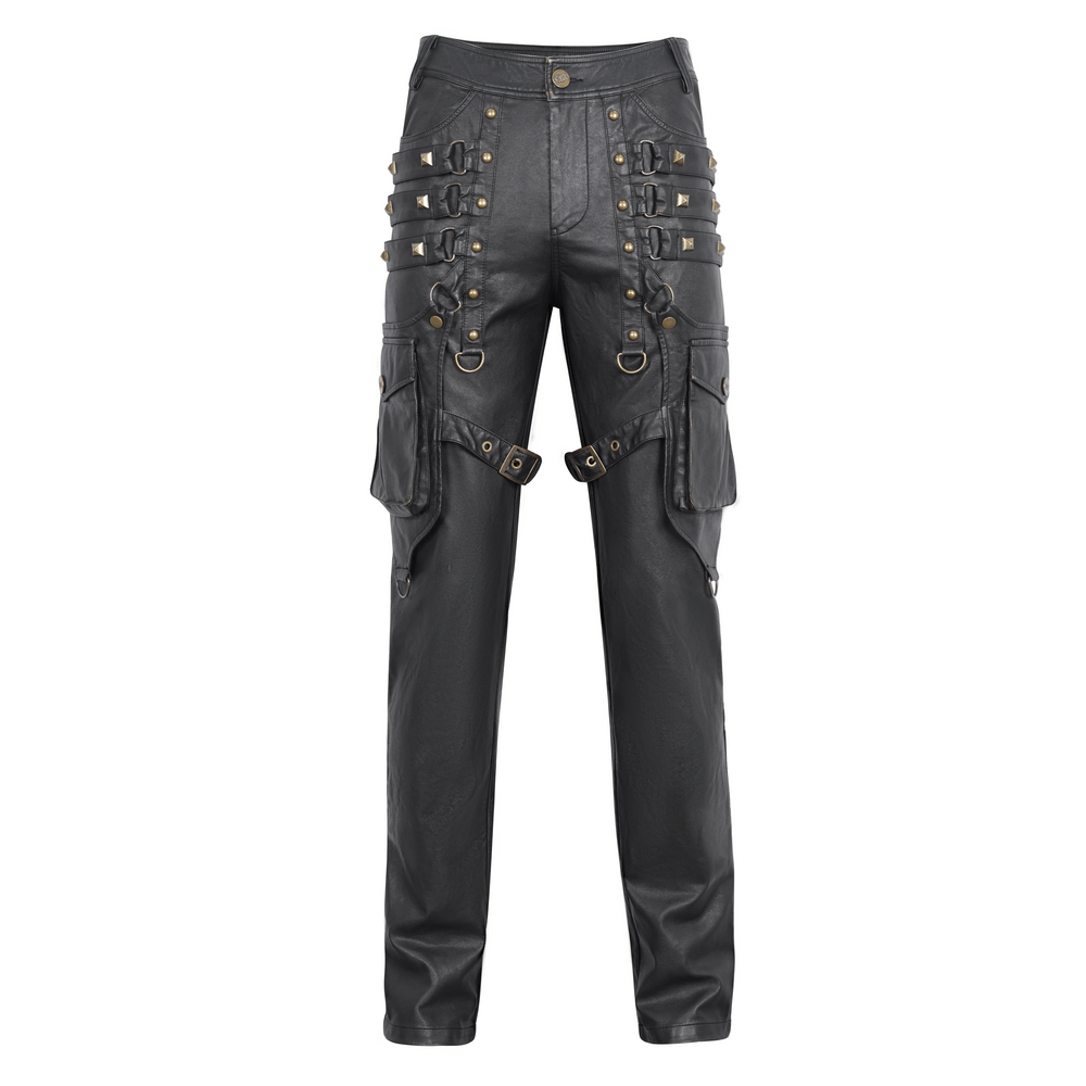 Men's gothic punk faux leather pants with studs, featuring cargo pockets and edgy straps for a bold style.