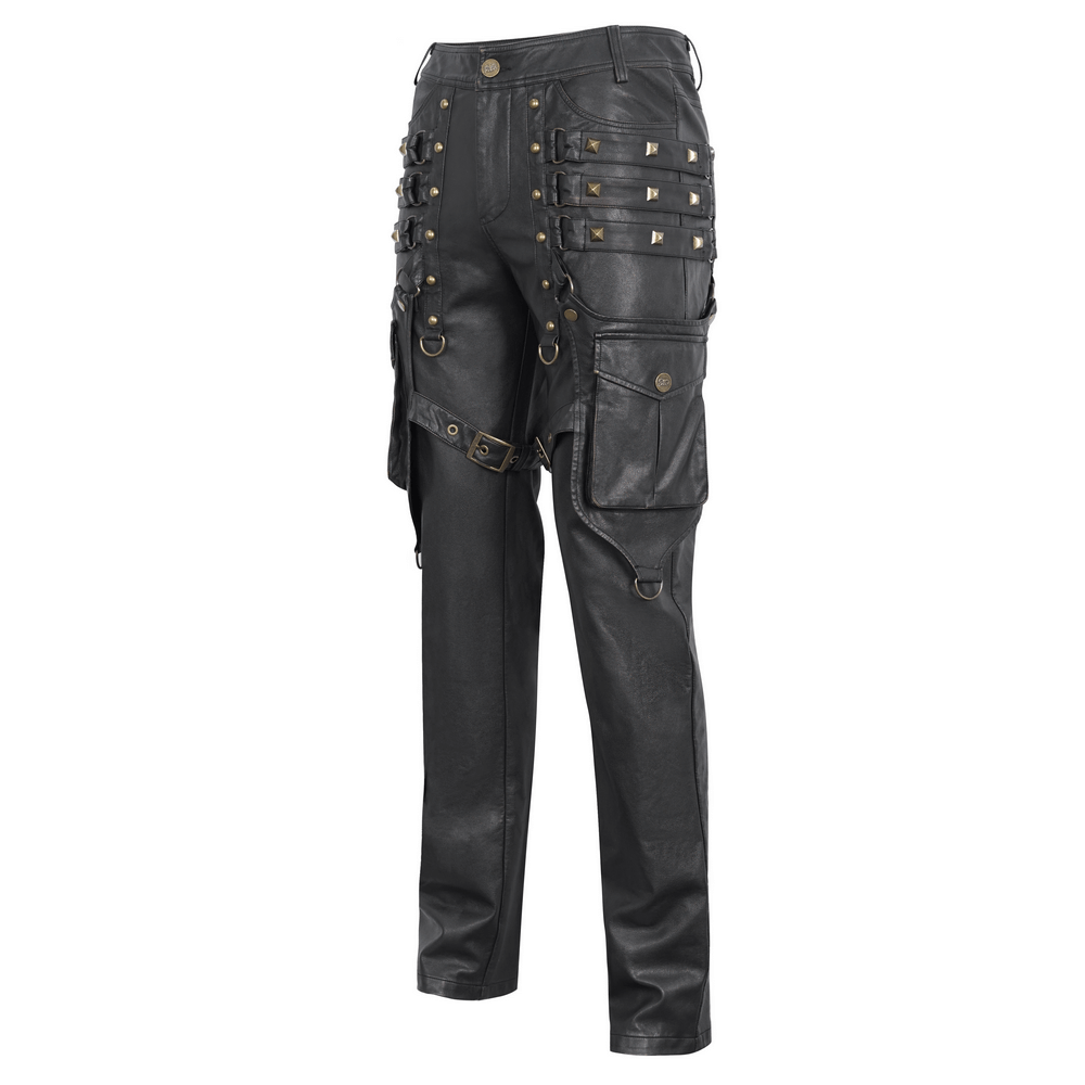 Men's Gothic punk faux leather pants with studs and pockets, perfect for edgy style at concerts and festivals.