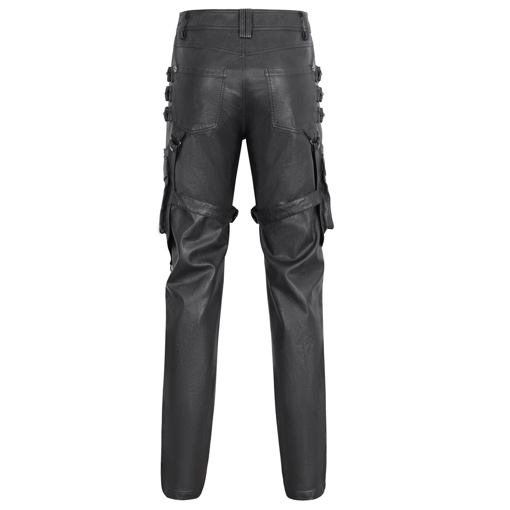 Men's black faux leather pants with studs, showcasing a bold gothic punk style from the back.