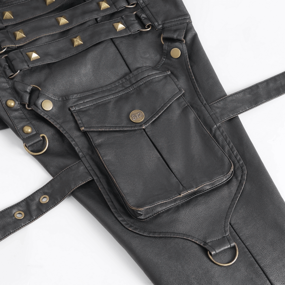 Black faux leather punk pants featuring silver studs and multiple pockets for edgy style.