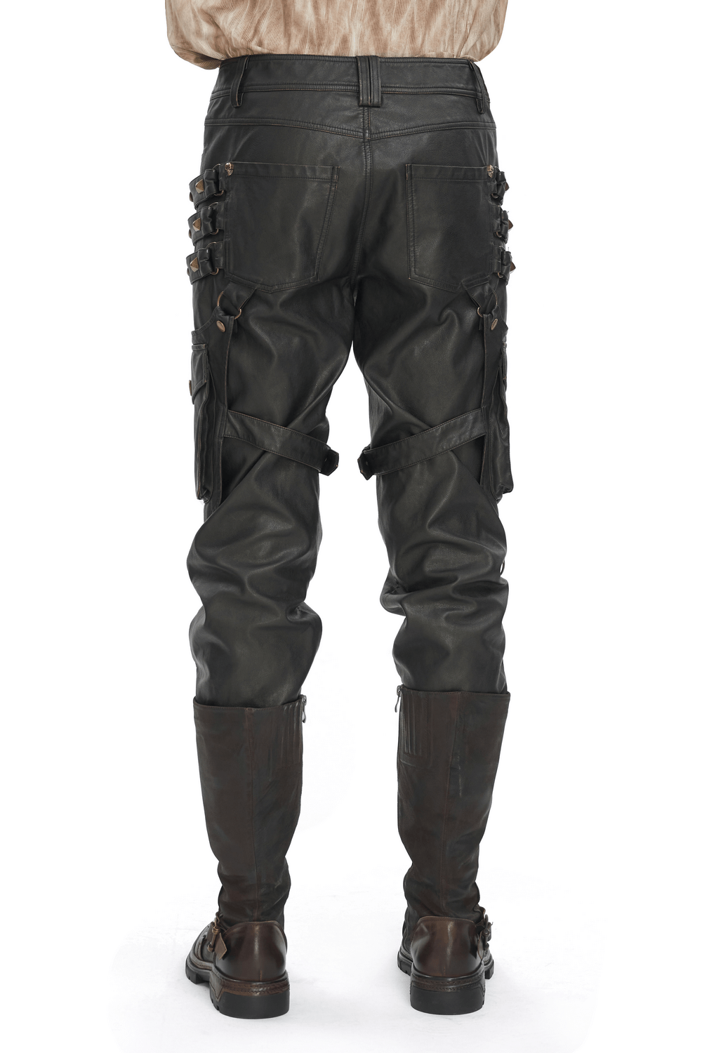 Men's Gothic punk faux leather pants with studs and adjustable straps, perfect for edgy fashion statements.