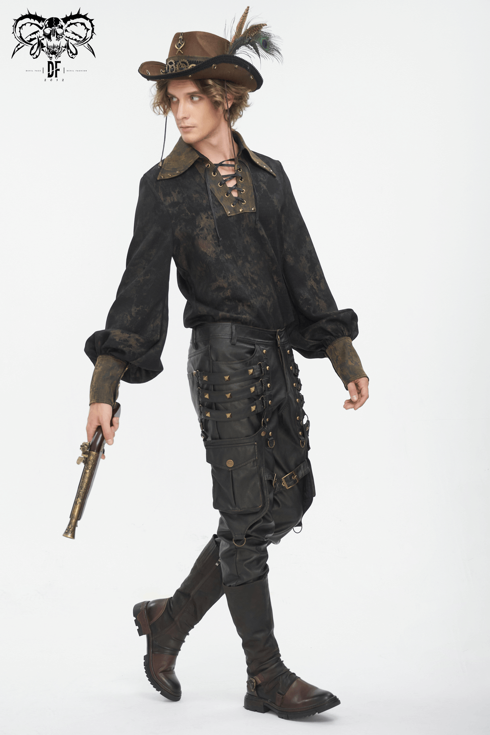 Man in steampunk outfit with pistol, featuring a black lace-up shirt and stylish pants with embellishments.