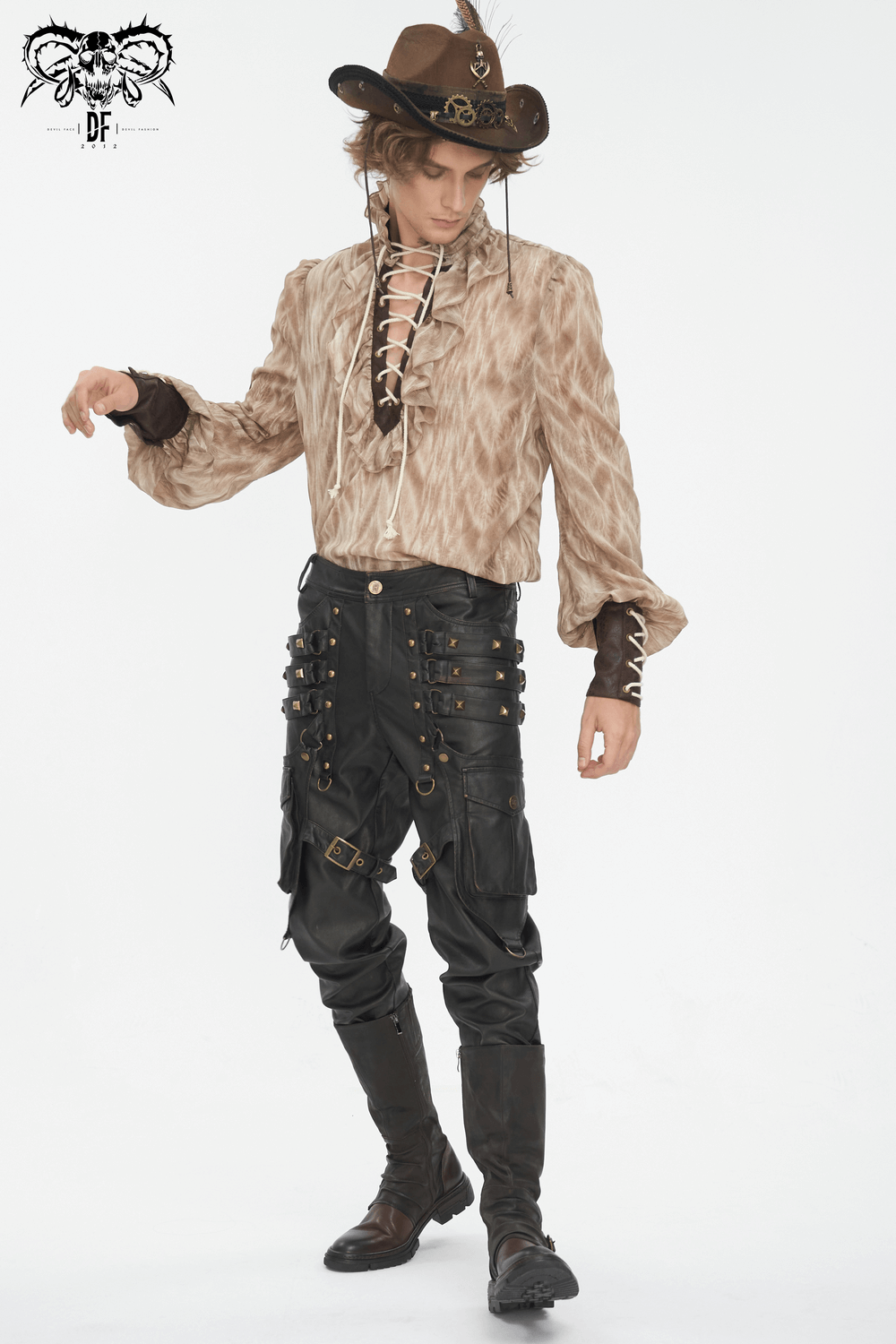 Men's gothic punk outfit featuring faux leather pants with studs, styled for a bold, edgy look.