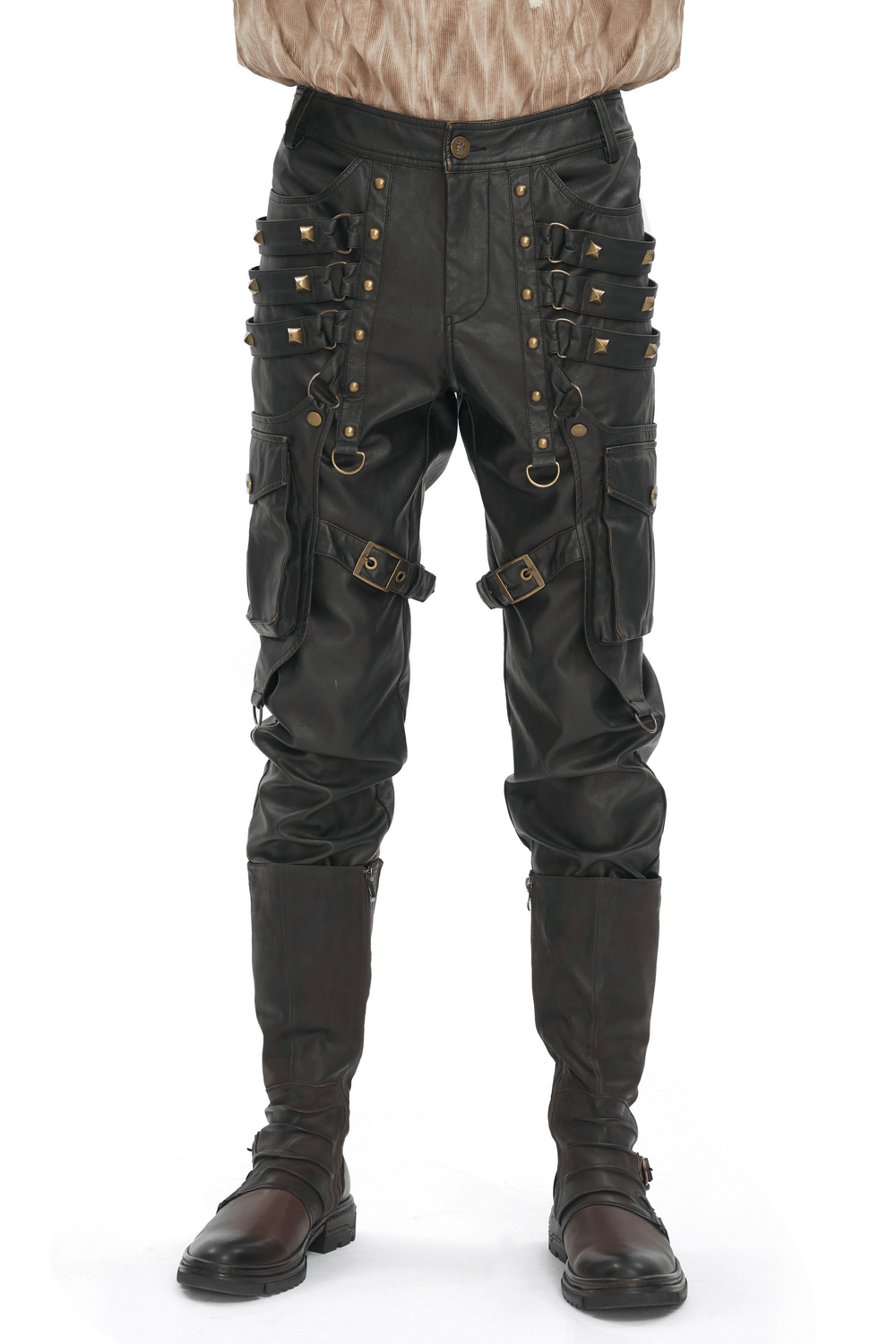 Men's Gothic punk faux leather pants with studs and pockets for a bold, edgy style.