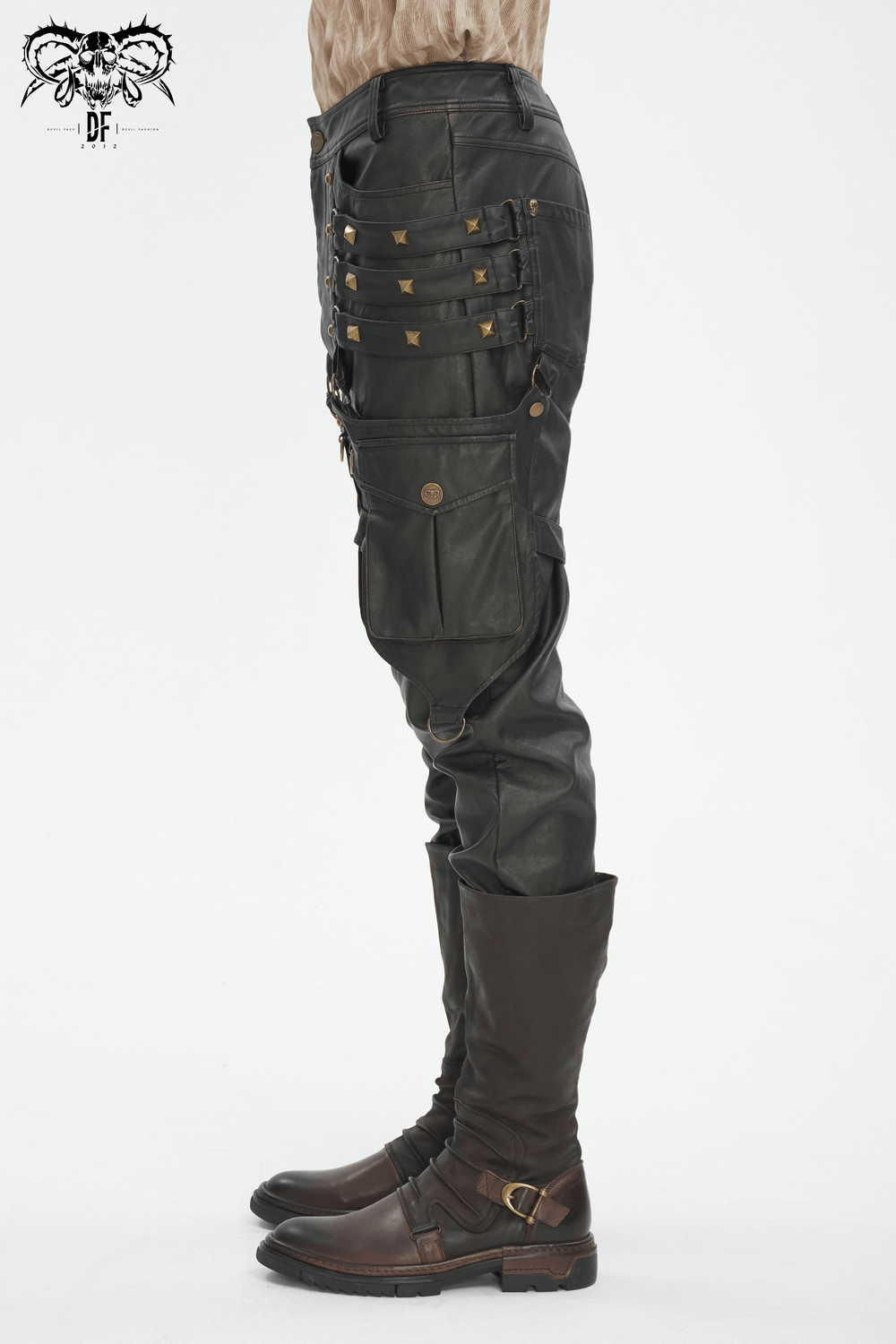 Men's Gothic punk faux leather pants with studs, featuring pockets and a bold rebellious style.