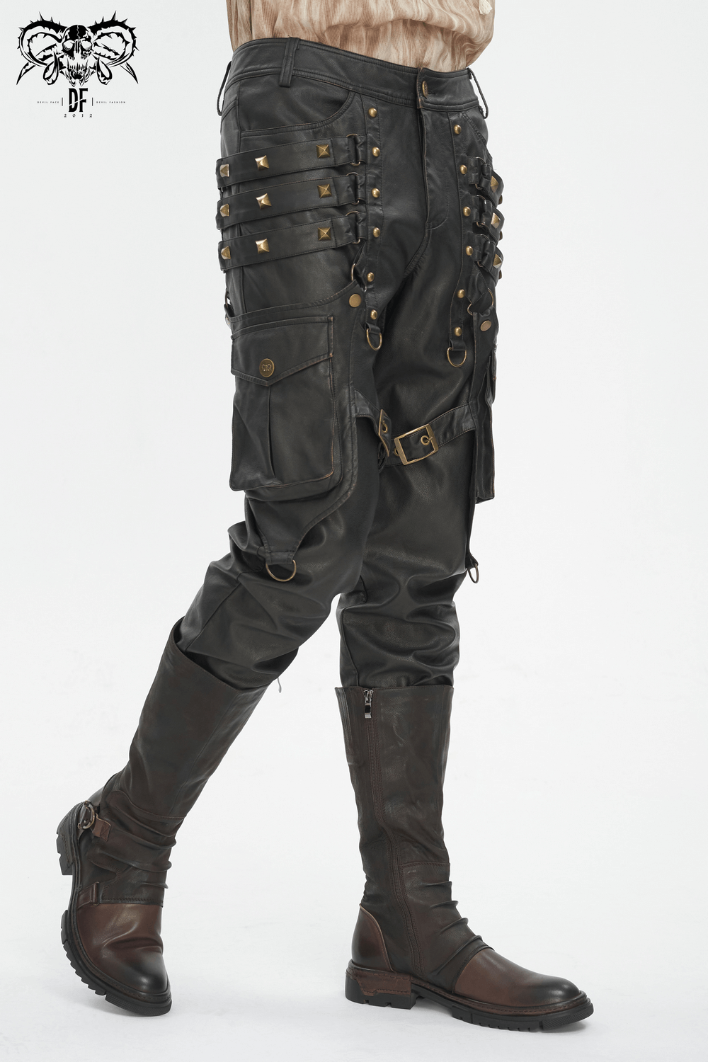 Men's black Gothic punk faux leather pants with studs, perfect for edgy style at concerts and festivals.