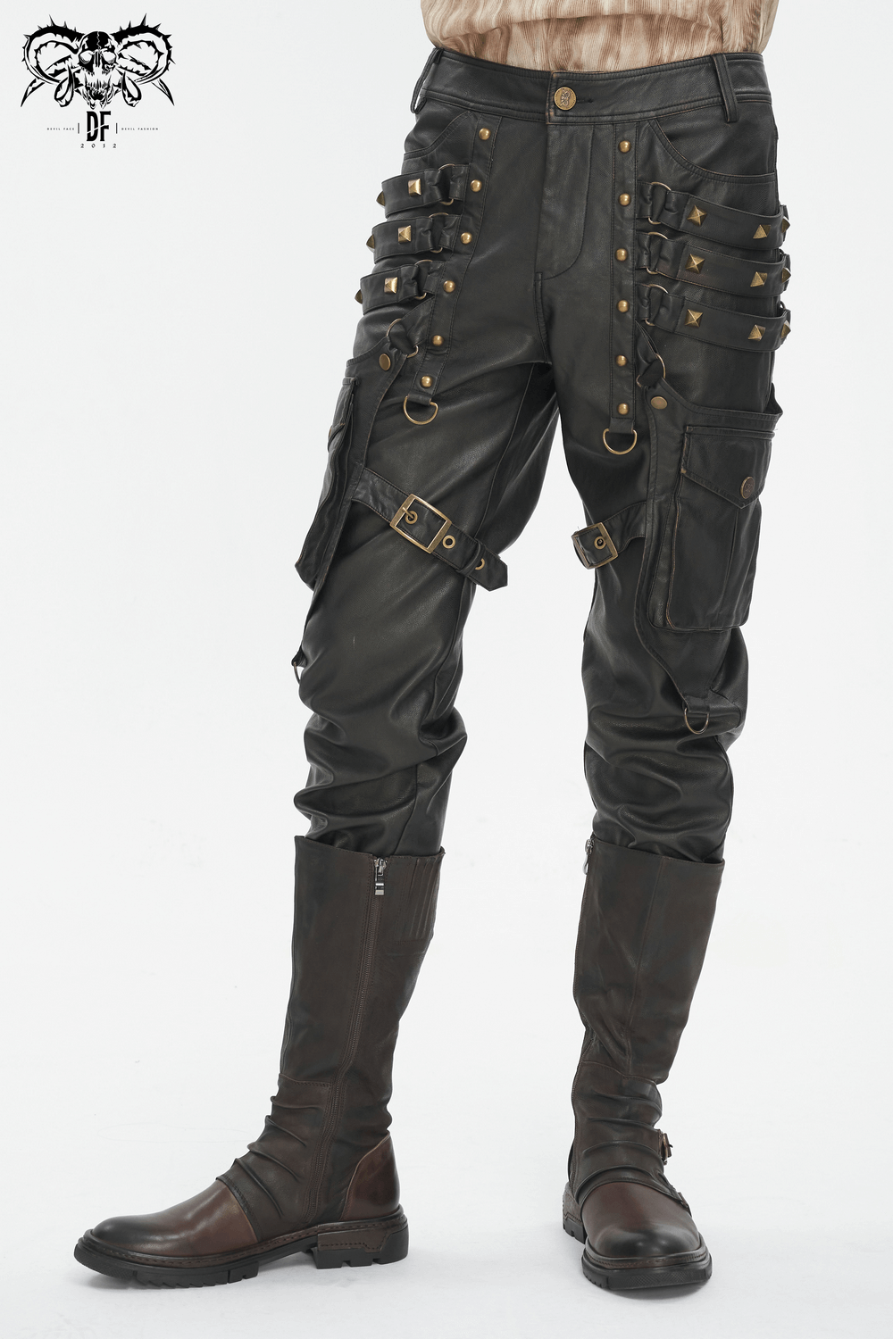 Men's Gothic punk faux leather pants with studs, showcasing a rebellious style and edgy details.