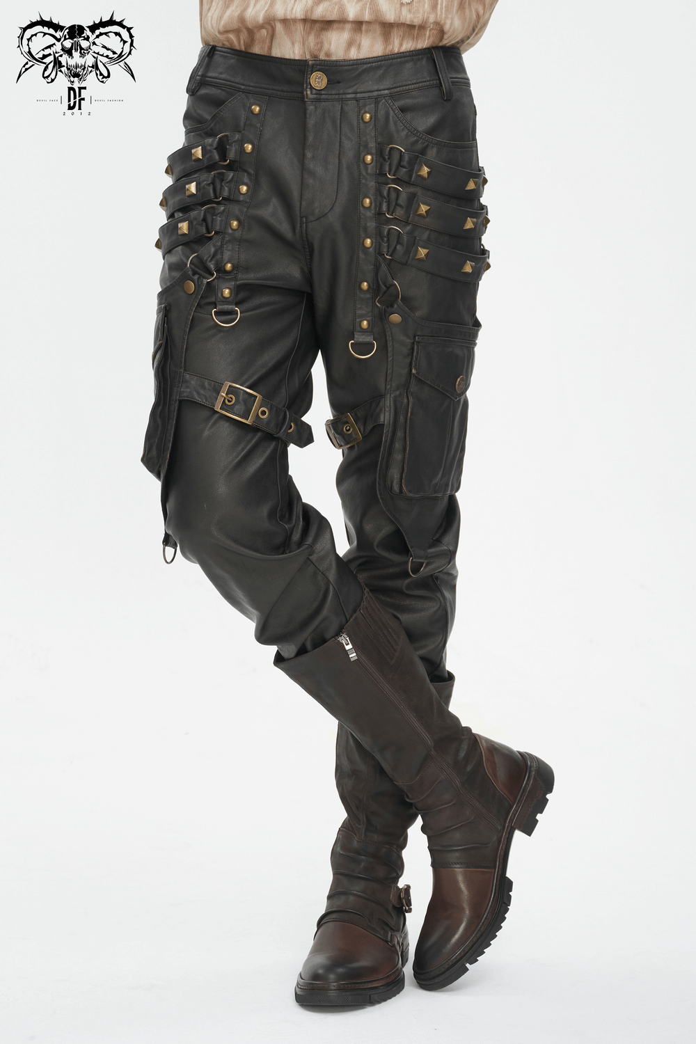 Men's black faux leather gothic punk pants with studs and multiple pockets, perfect for edgy outfits and festivals.