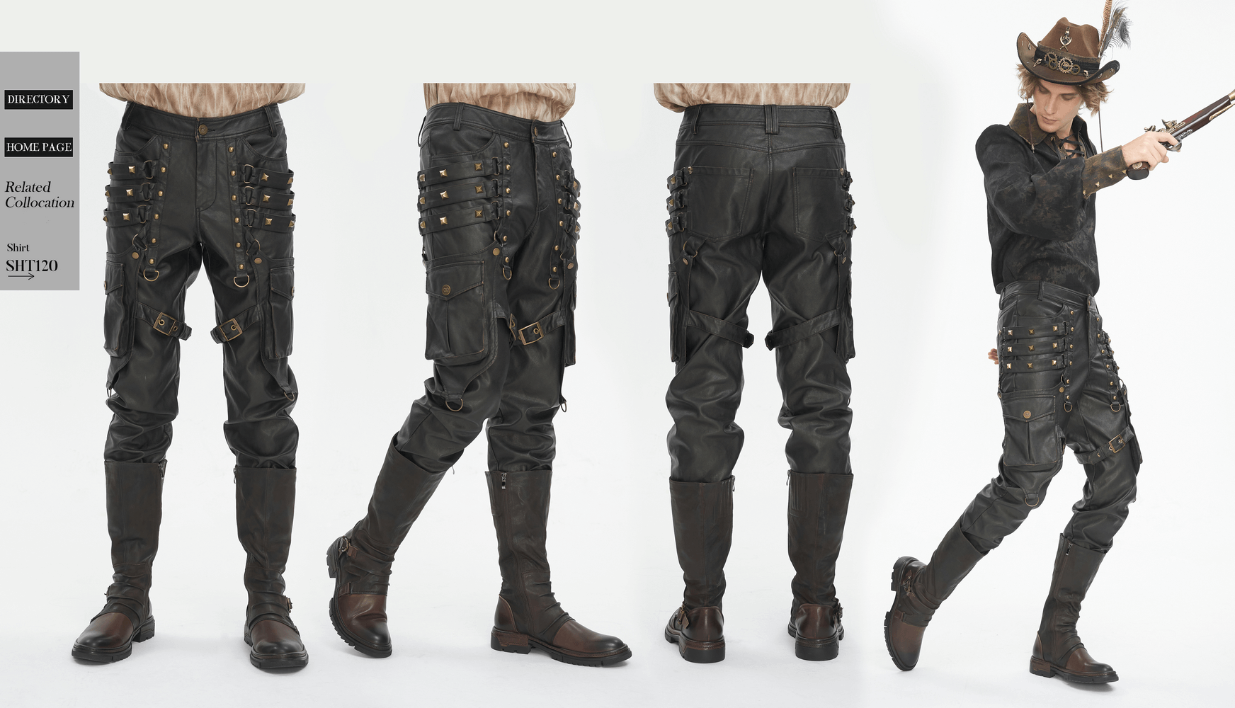 Men's Gothic punk faux leather pants with studs, showcasing bold design and pockets for a rebellious look.