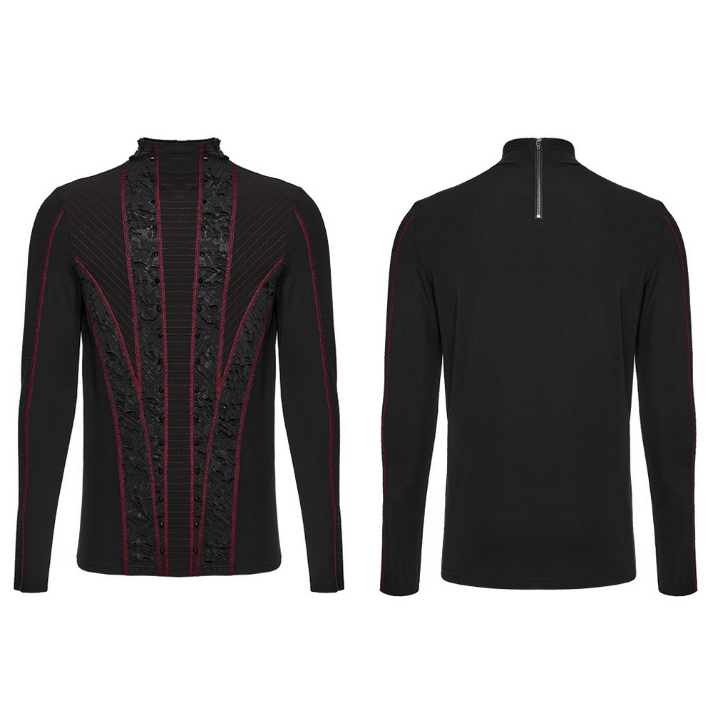 Men's Gothic Punk Geometric Knit Long-Sleeved Top black fitted textured knit with distressed paneling and high neckline