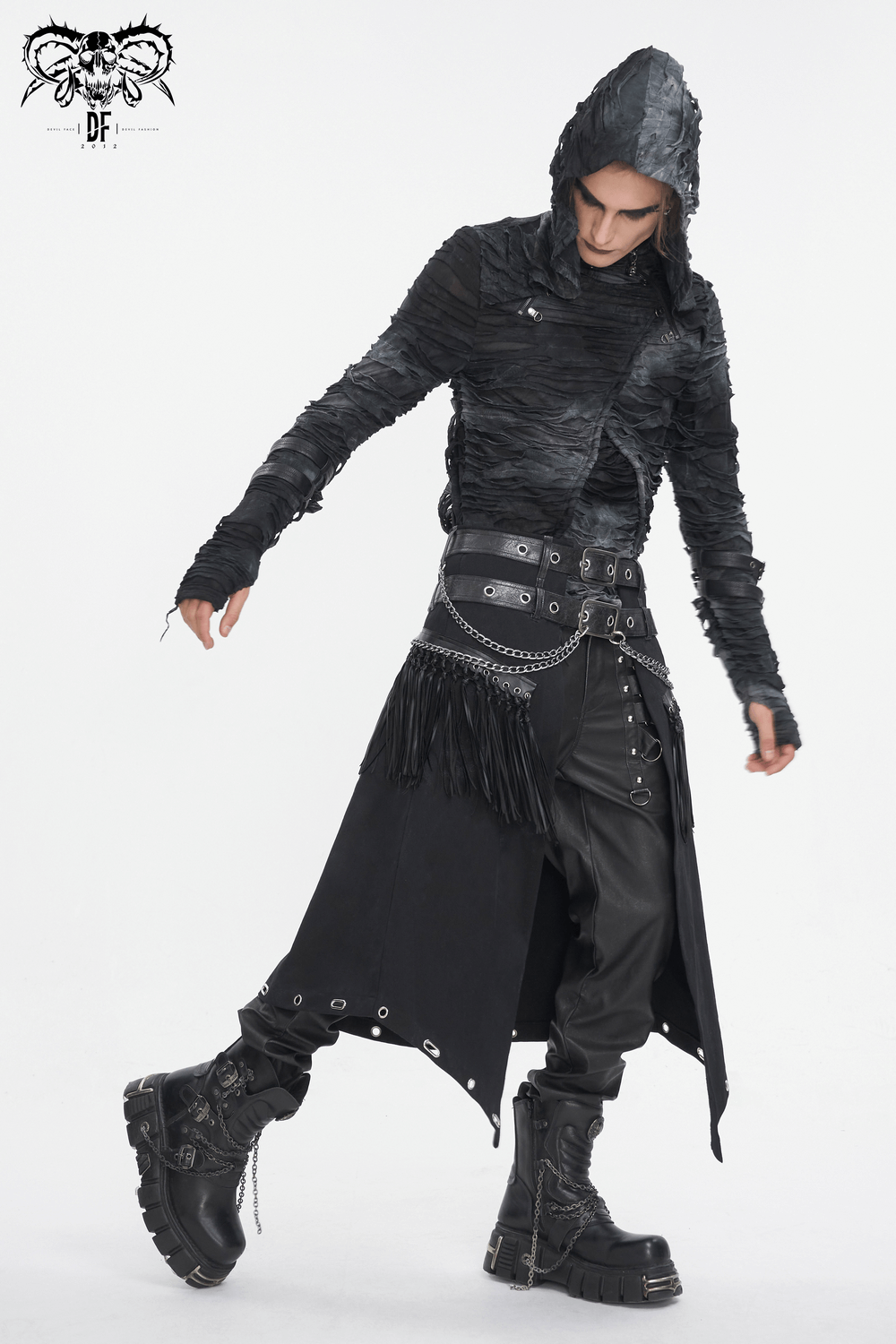 Men's Gothic punk outfit featuring a black leather kilt with chains and tassels, paired with a stylish hooded top.