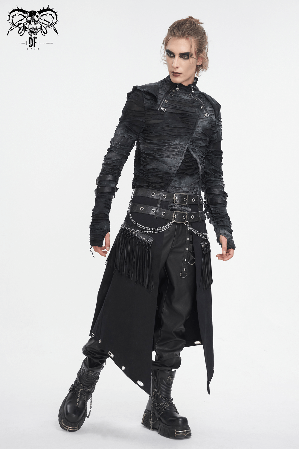 Men's Gothic punk style with black leather jacket, kilt, chains, and boots for an edgy fashion statement.