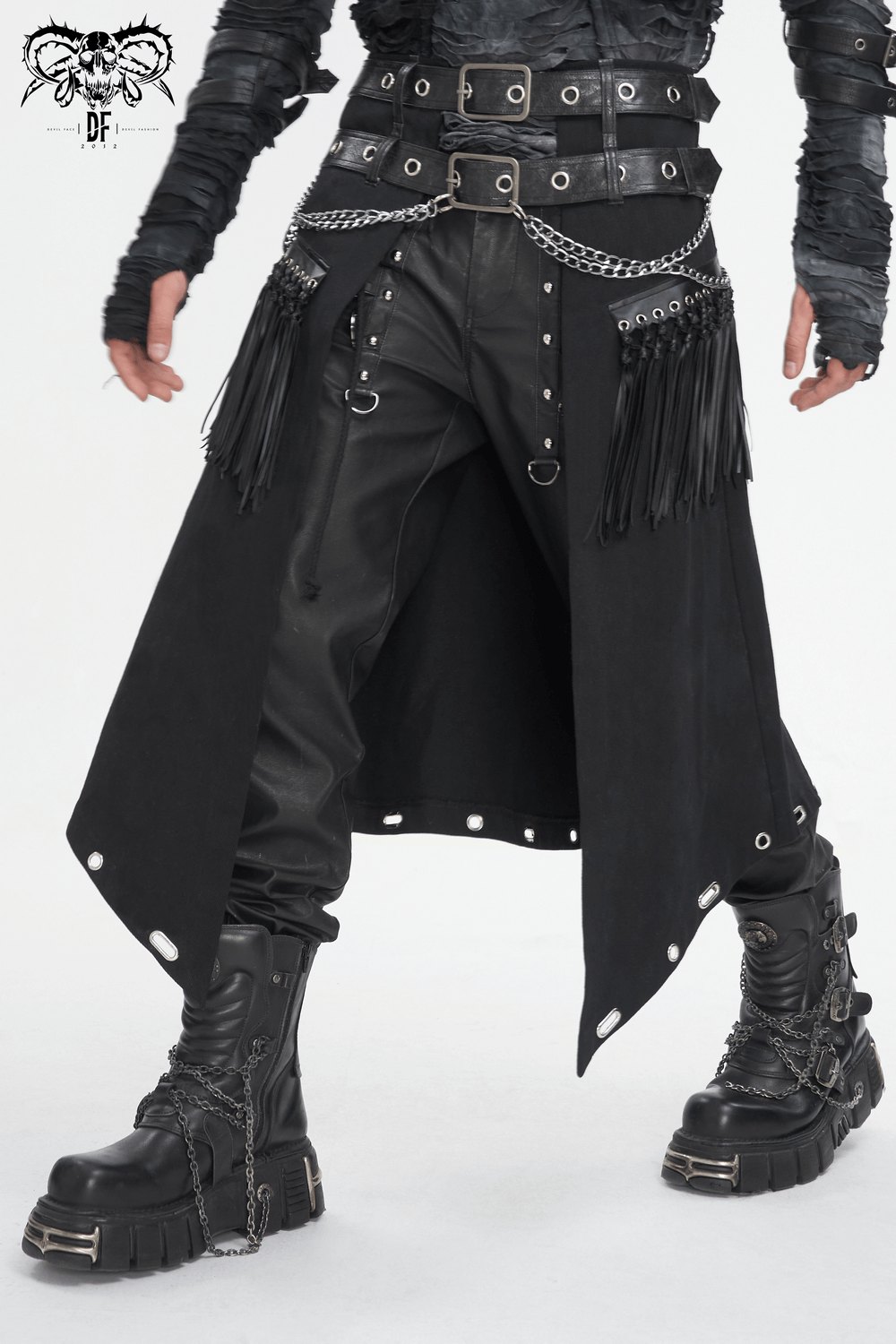 Men's Gothic punk kilt in black leather featuring chains and tassels, perfect for edgy style.