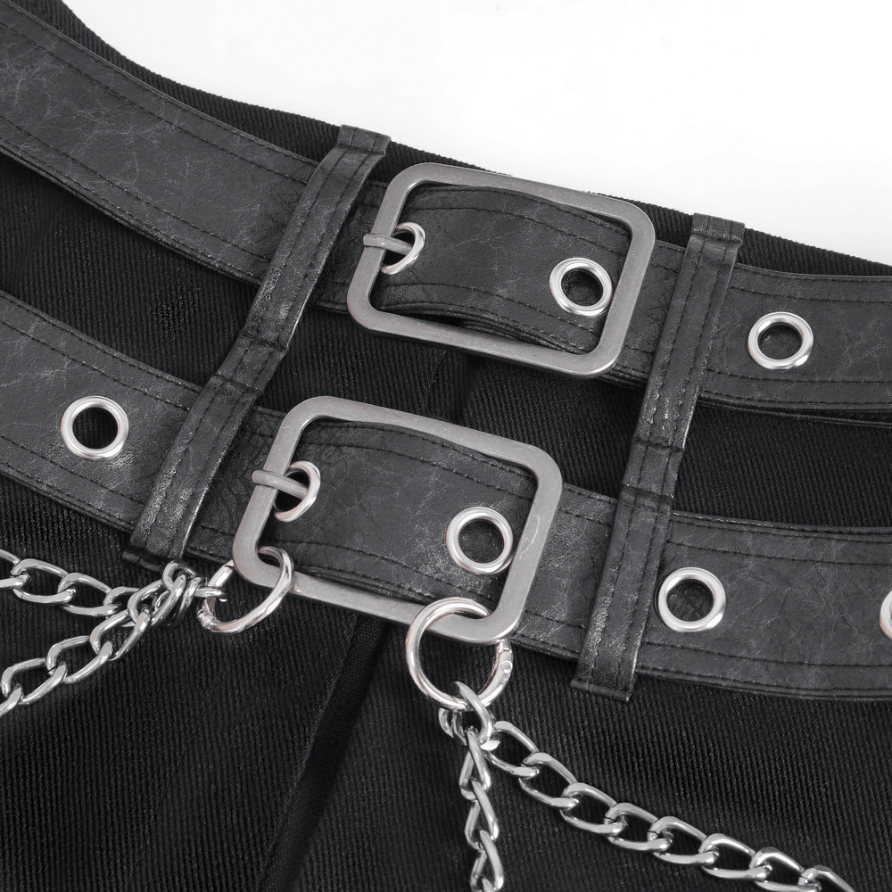 Close-up of black leather double belt with chains and grommets on men's Gothic punk kilt.