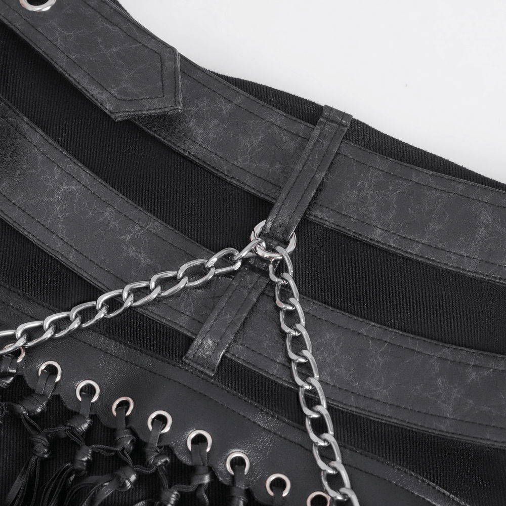 Close-up of men's Gothic punk kilt strap with double belt and chains, showcasing edgy leather design.