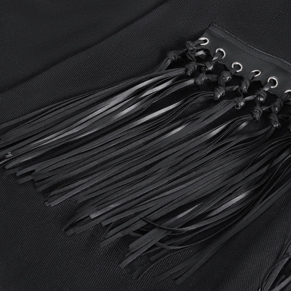 Close-up of black leather kilt tassels and double belt detailing, showcasing its Gothic punk style.