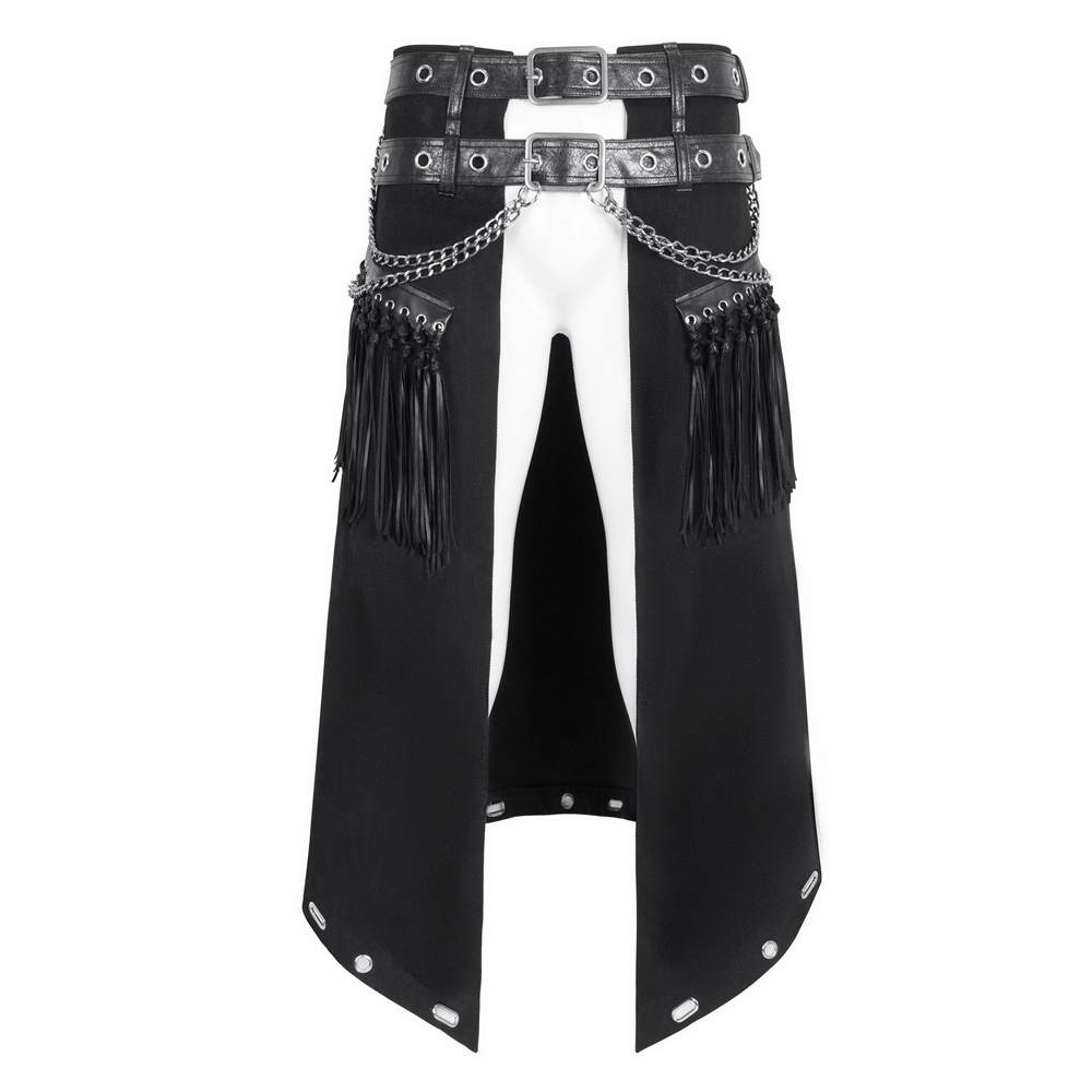 Men's Gothic punk kilt featuring double belts, chains, and tassels for a rebellious style.