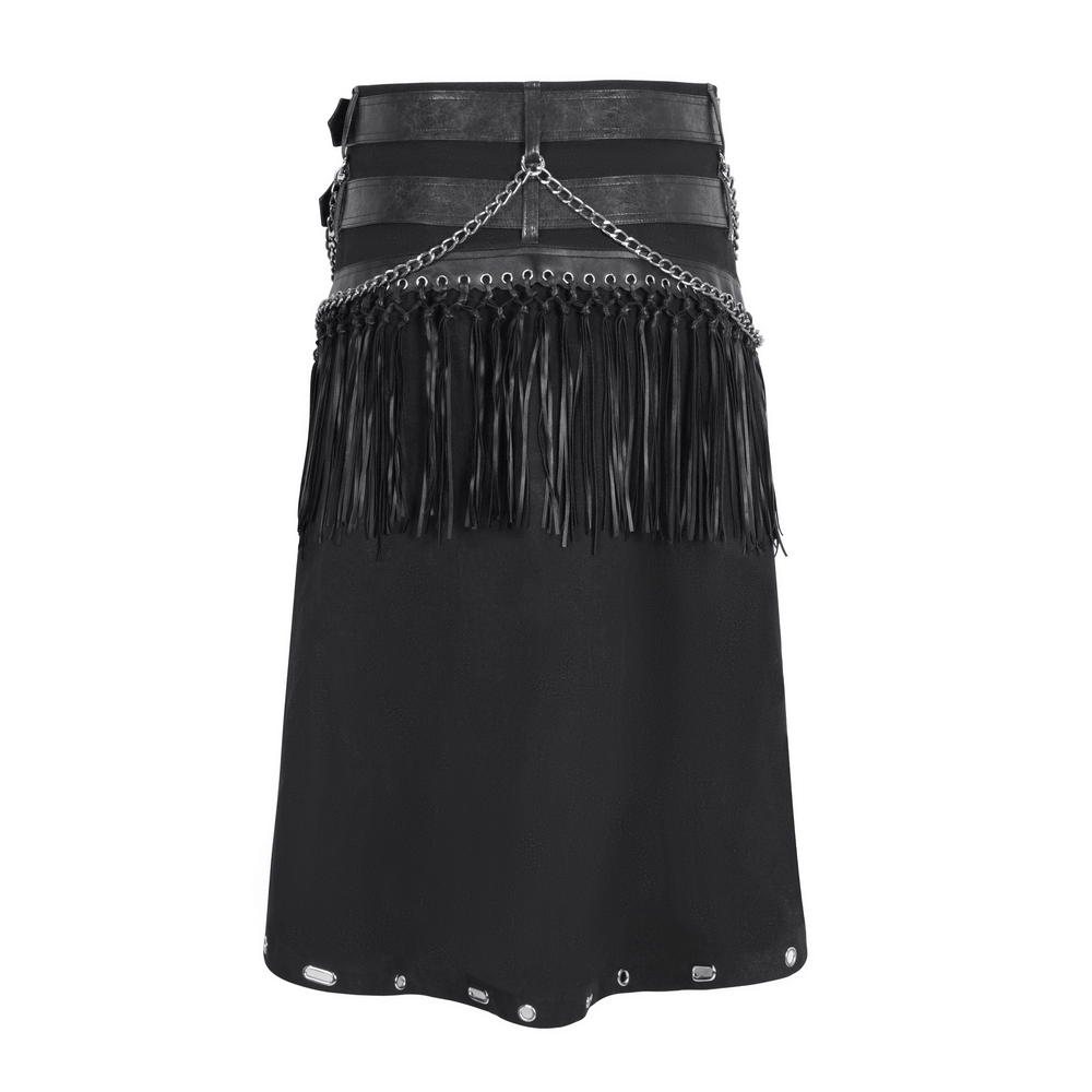 Men's Gothic punk kilt featuring black leather, double belt, chains, and stylish tassels for an edgy look.