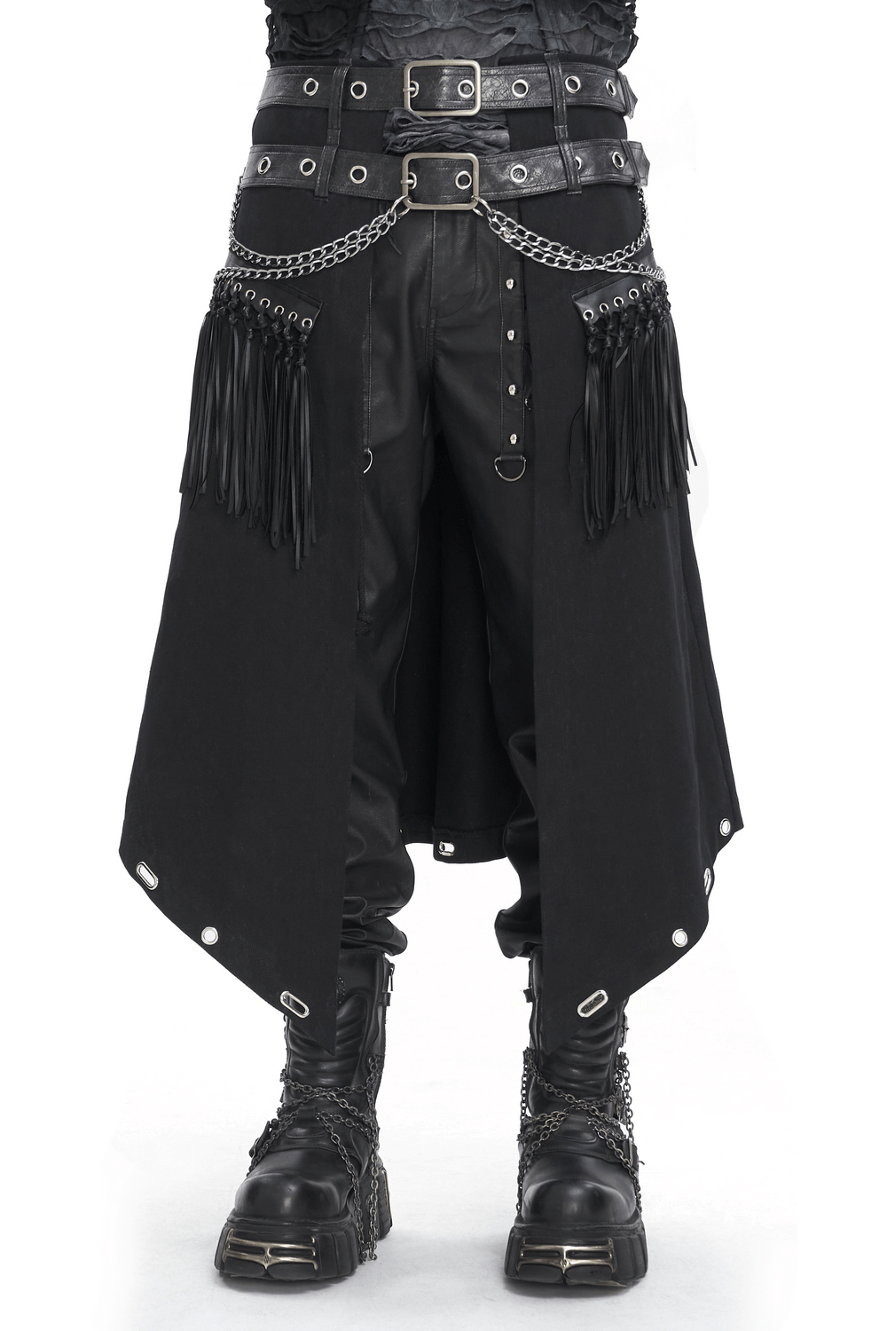 Men's Gothic punk kilt featuring double belts, chains, and tassels for a bold, edgy look.