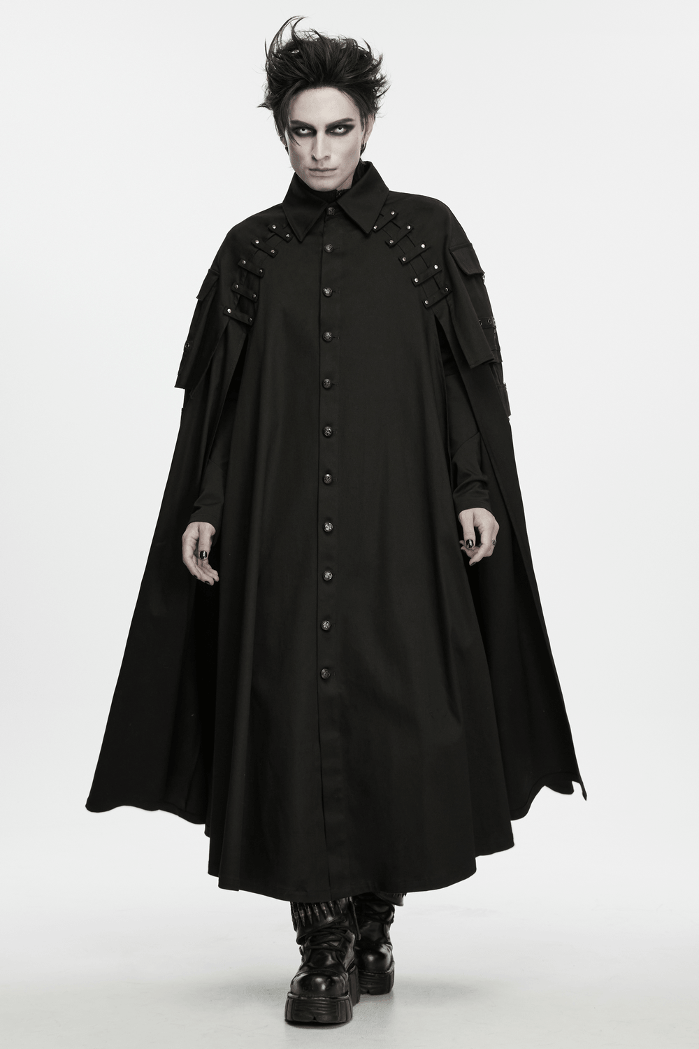 Men's Gothic Punk Long Cloak with Strap Details, black rivet-strap cape with utility pockets and dramatic drape