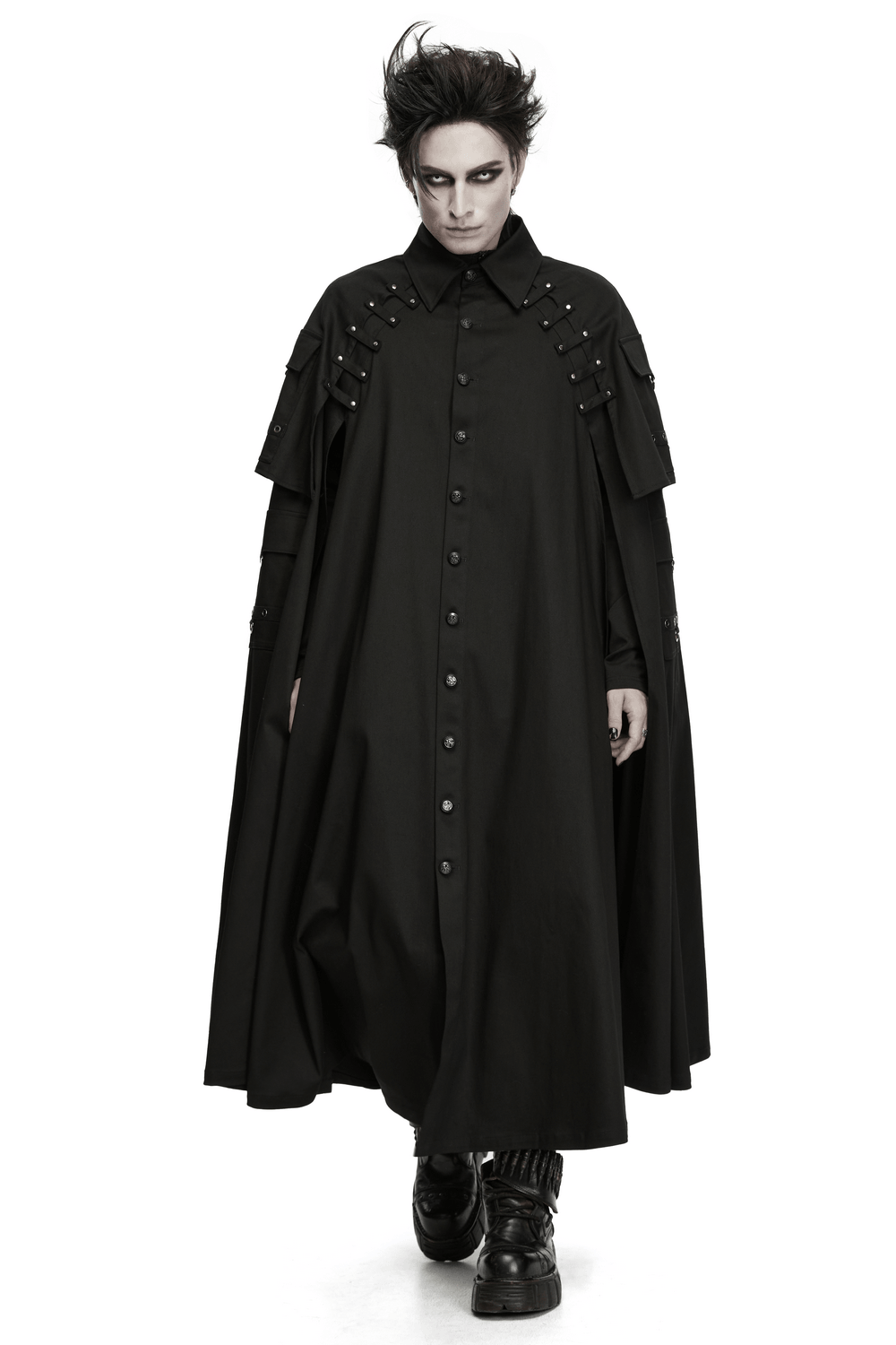 Men's Gothic Punk Long Cloak with Strap Details, black rivet-strap long cloak with utility pockets and dramatic drape