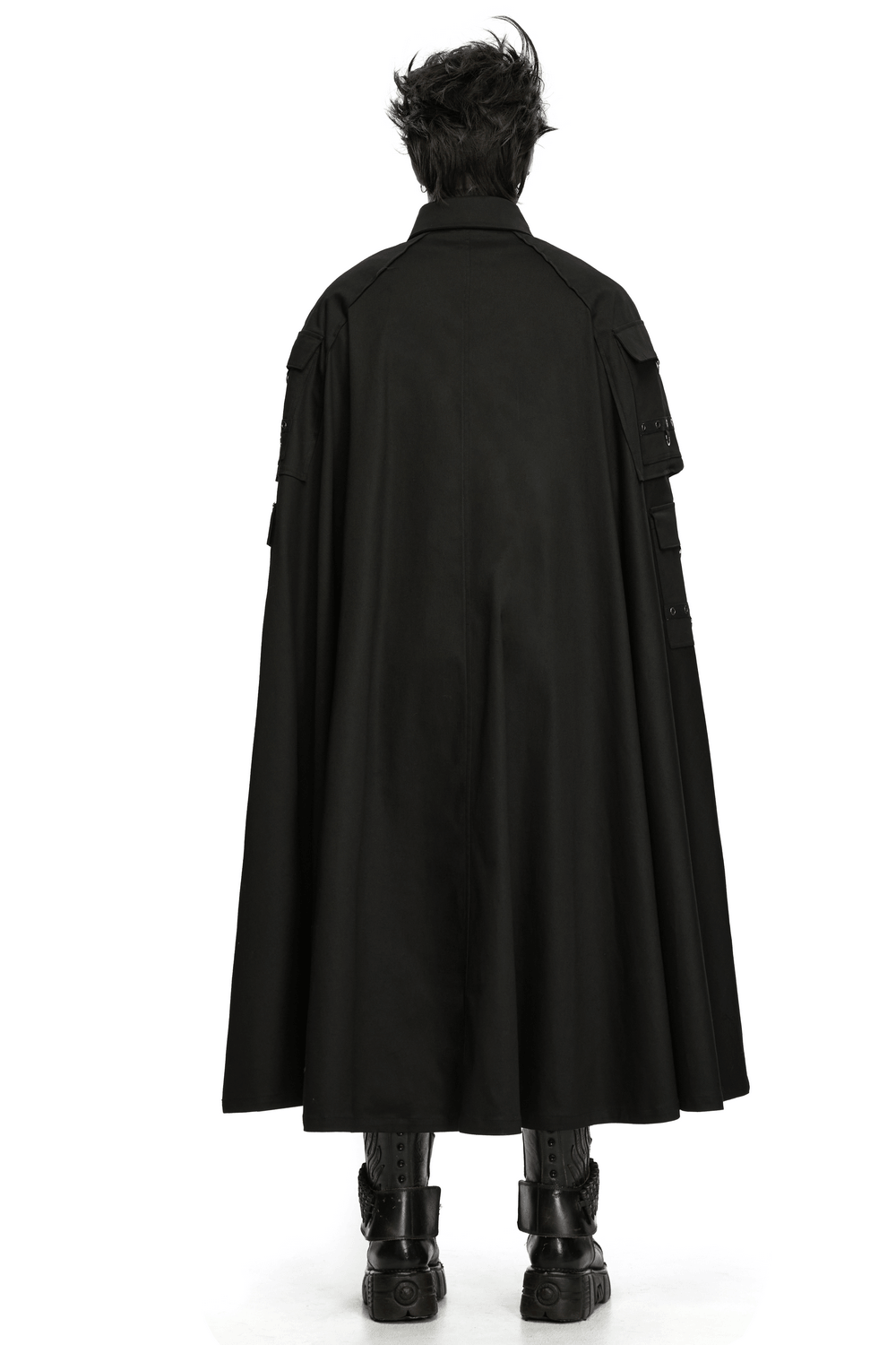Men's Gothic Punk Long Cloak with Strap Details, dramatic black cloak with utility pockets and rivet straps for edgy styling